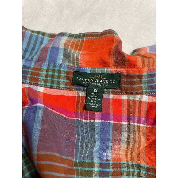 LRL Ralph Lauren Jeans Co Button Front Shirt Long Sleeve orange Plaid Women 1X C - Picture 7 of 7